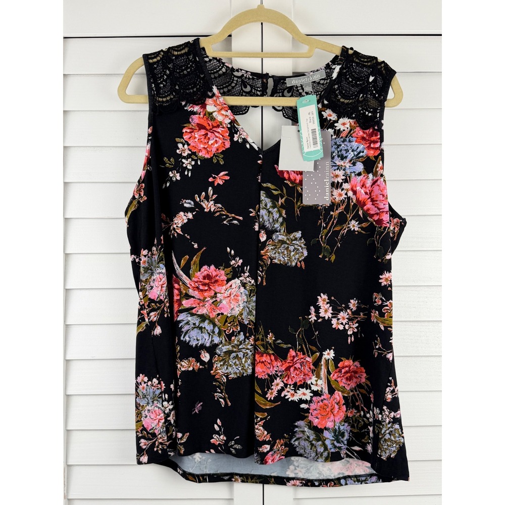 Daniel Rainn Fantine Crochet Detail Knit Top XL Black Floral Lace NEW